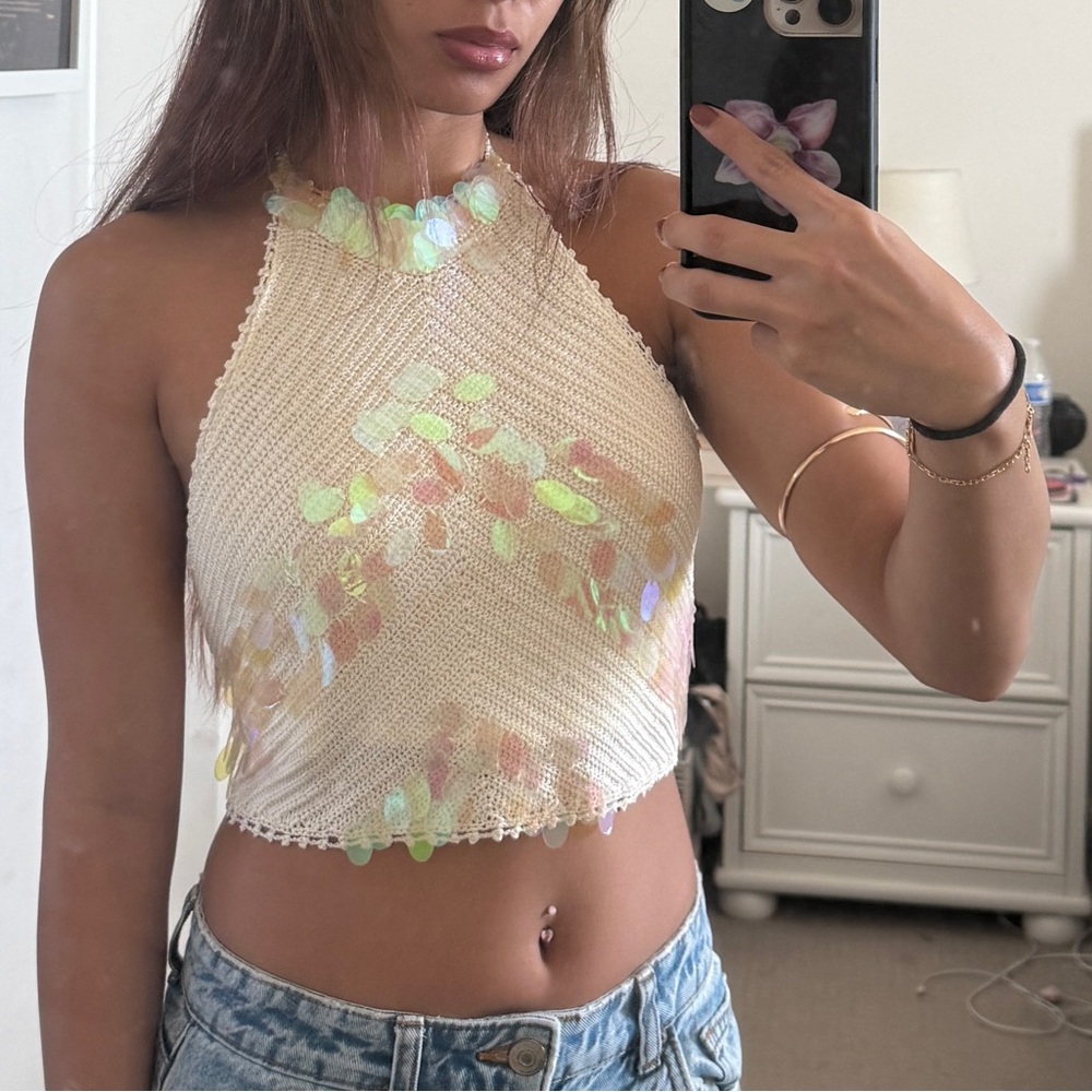 Sequin Embellished Halter Tank Top - Cream